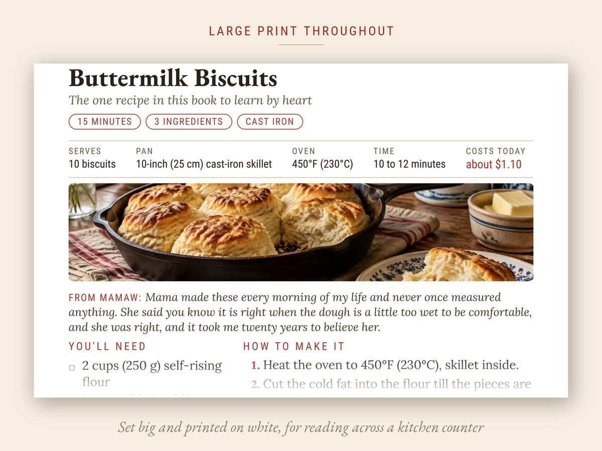 A recipe page close up, showing the type size